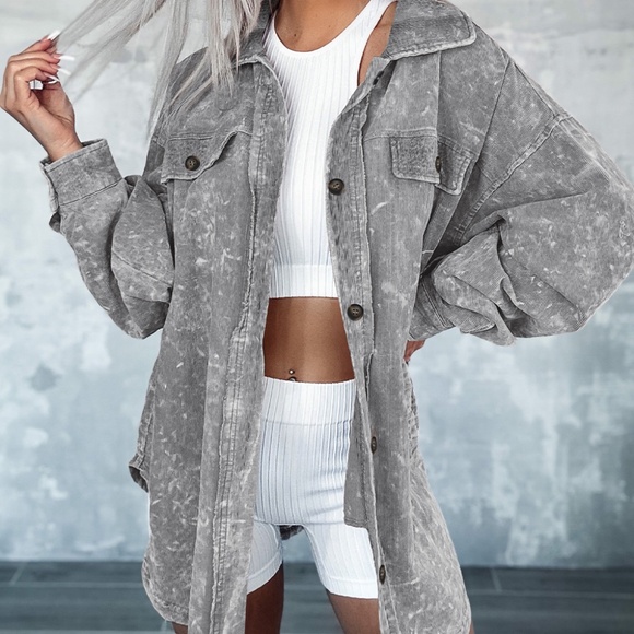 Tops - B084 Gray Vintage Distressed mineral Wash Oversized Shacket